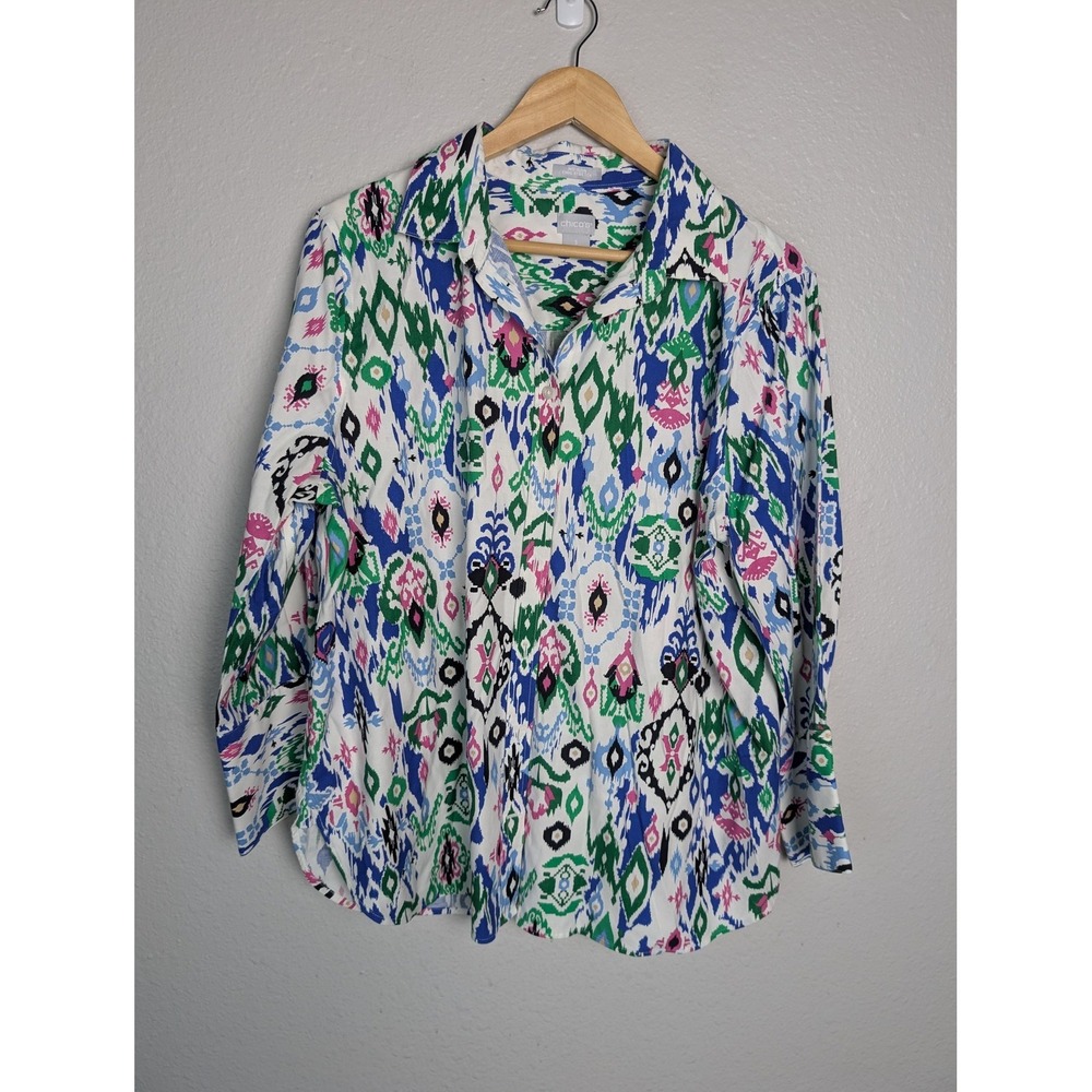 Chico's Button-Up Womens‎ XL Multicolor Geometric Collared Long Sleeve Cotton